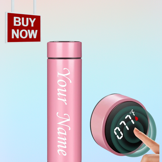 Custom Name Stainless Steel Pink Bottle – 500ml Leakproof, Double Wall, Touch Digital, Perfect for Work, Gym & Travel