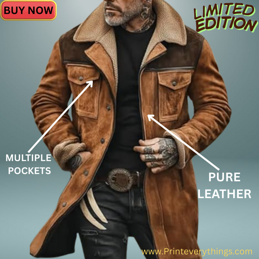 PRINTEVERYTHINGS Premium Brown Long Coat Leather Jacket for Men | Stylish, Comfortable & Classy Design