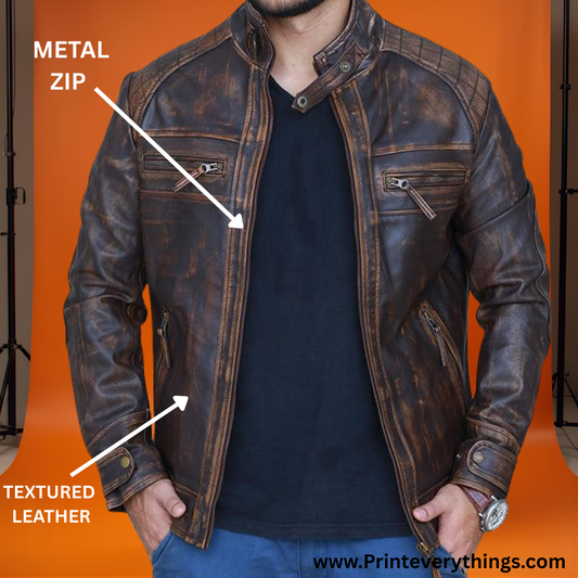 PRINTEVERYTHINGS Men’s Textured Brown Leather Jacket | Premium Design | Warm & Luxurious